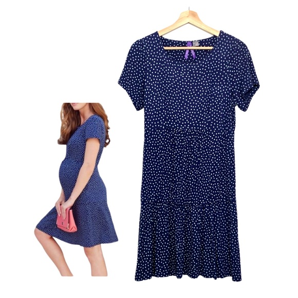 Seraphine Maternity Dress Short Sleeve Size 2 Navy Blue Polka Dot Tiered Hem - Picture 1 of 13